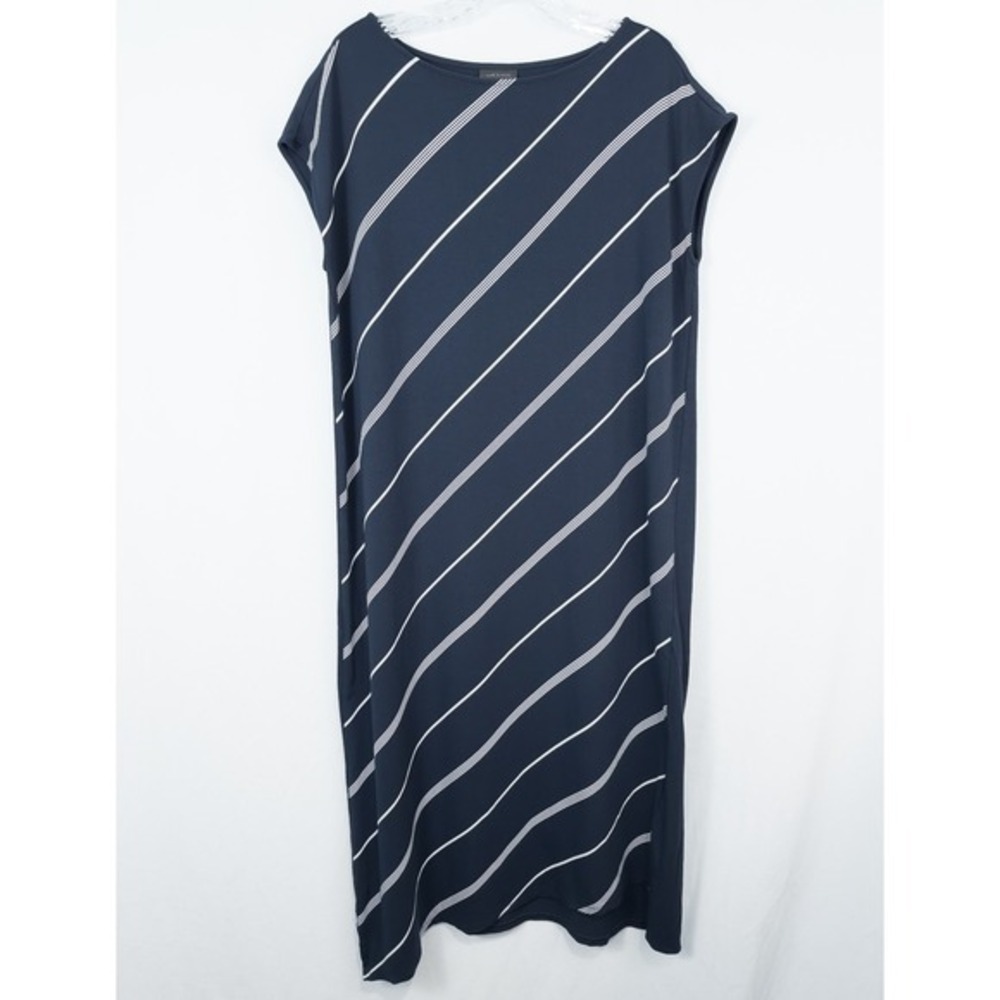 J Jill Wearever Diagonal Stripe Midi Dress Medium Cap Sleeve Asymmetric Hem Blue
